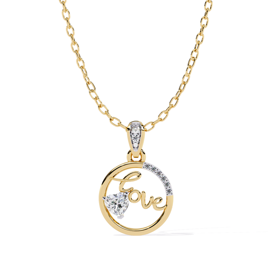 Front view of a yellow gold circular pendant featuring a love script design with a heart-shaped diamond and accent stones.