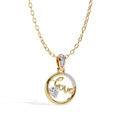 Side view of a yellow gold pendant featuring a love script design with a heart-shaped diamond and accent stones.