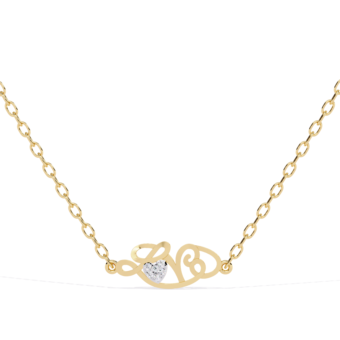 Front view of a yellow gold script-style love pendant with chain featuring a heart-shaped diamond set at the center.