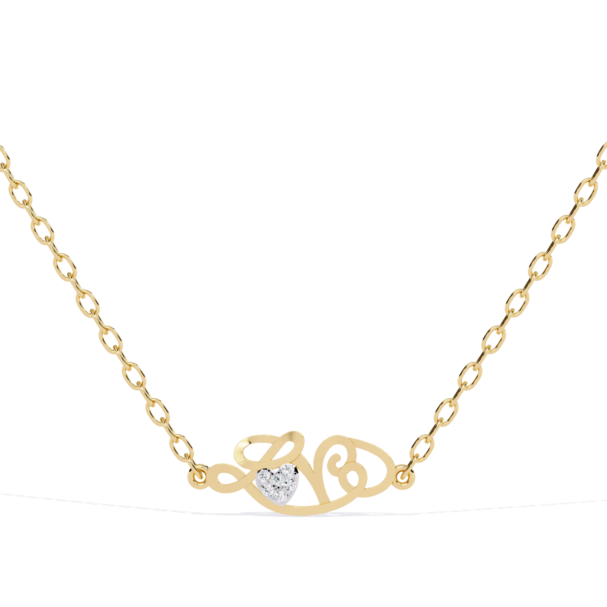 Front view of a yellow gold script-style love pendant with chain featuring a heart-shaped diamond set at the center.