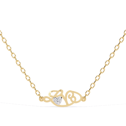 Front view of a yellow gold script-style love pendant with chain featuring a heart-shaped diamond set at the center.