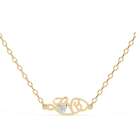 Front view of a yellow gold script-style love pendant with chain featuring a heart-shaped diamond set at the center.
