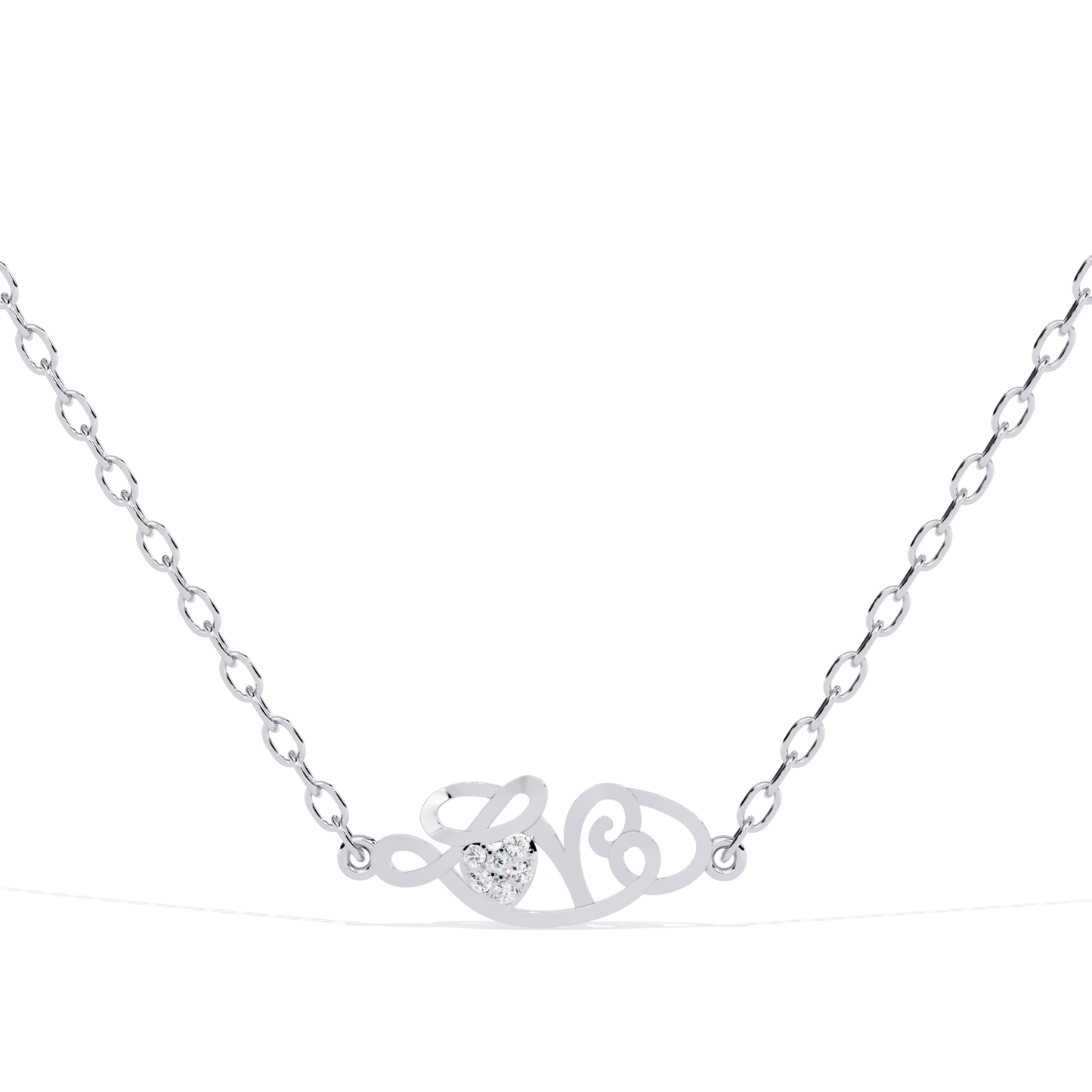 Front view of a white gold script-style love pendant with chain a heart-shaped diamond placed in the middle.