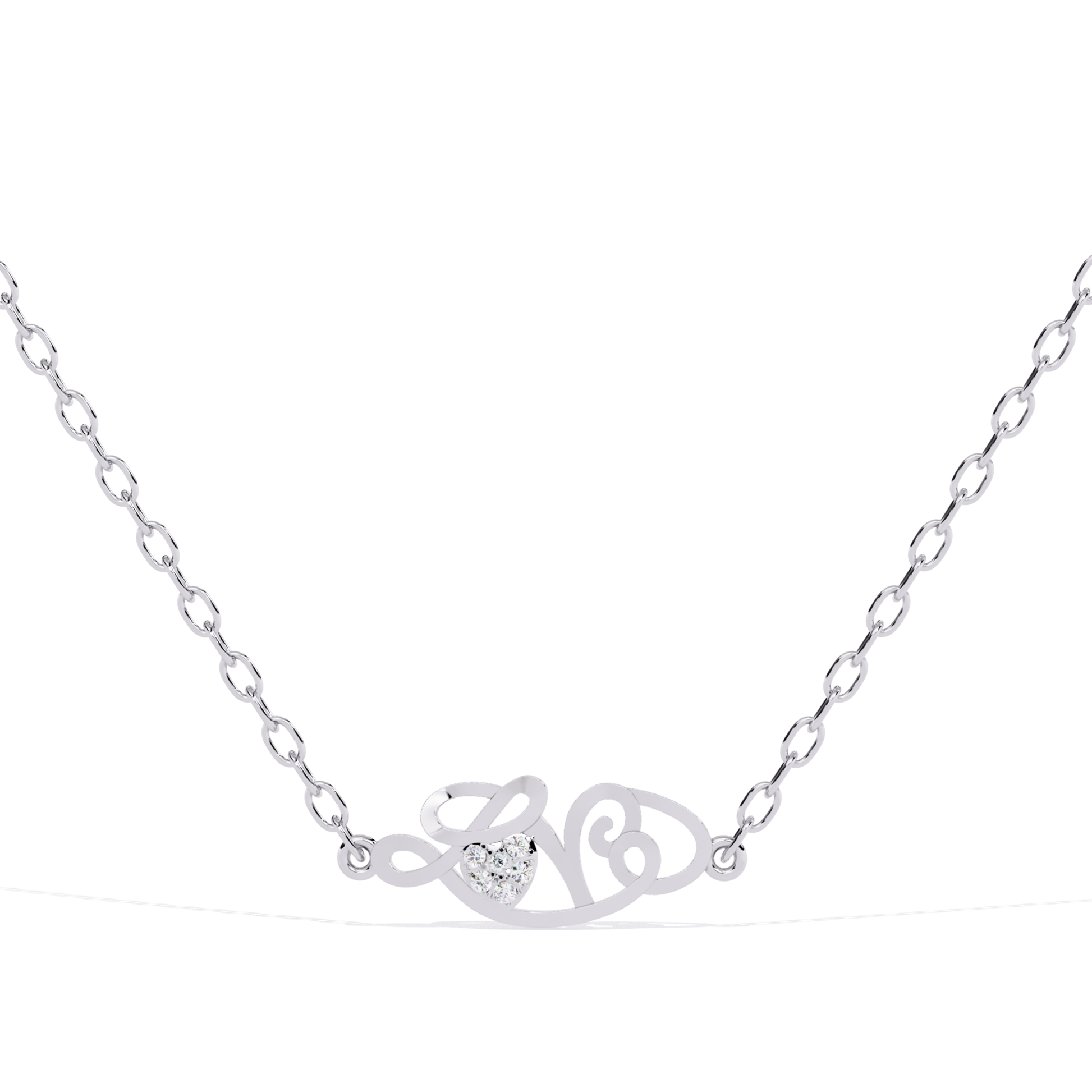 Front view of a white gold script-style love pendant with chain a heart-shaped diamond placed in the middle.