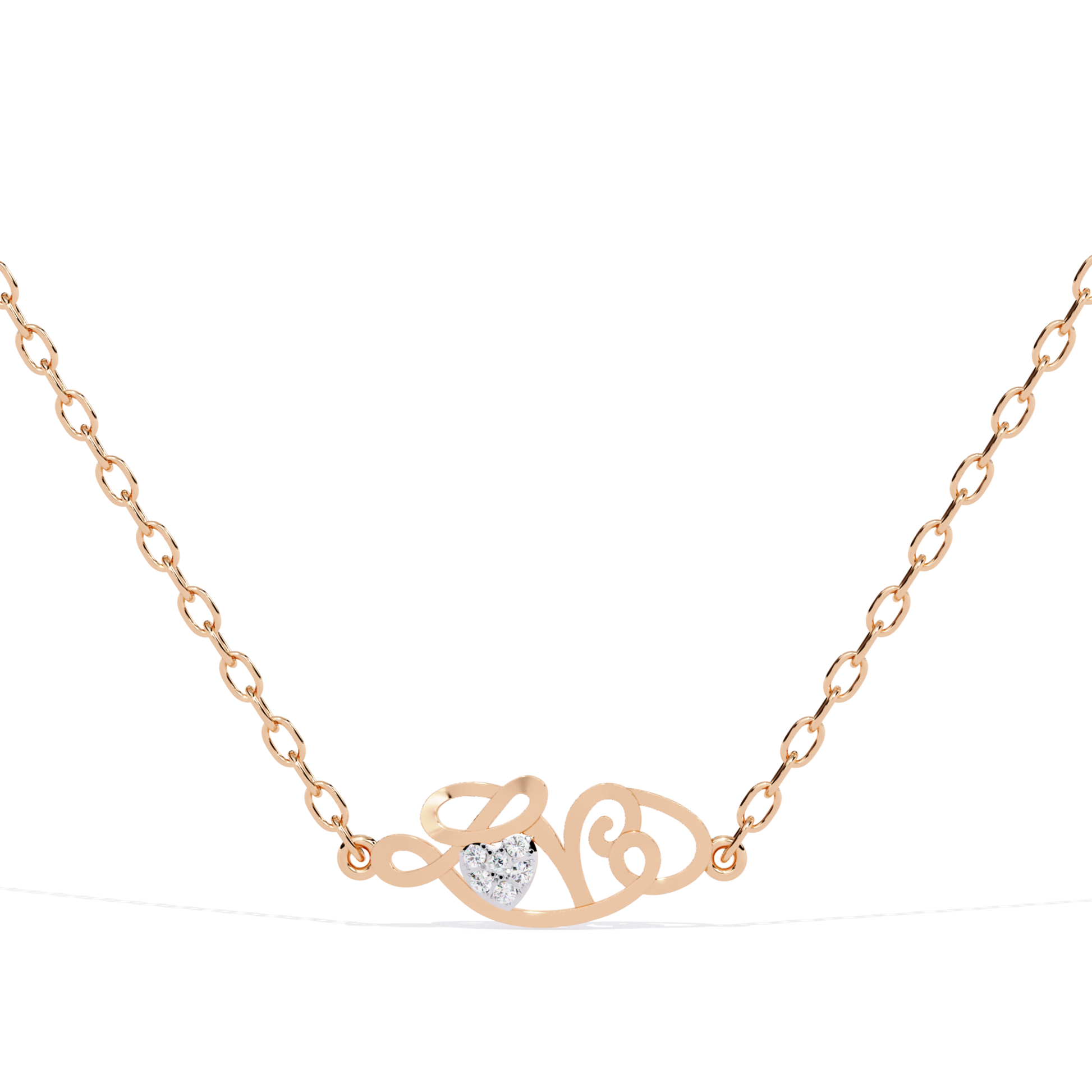 Front view of a rose gold script-style love pendant showcasing a heart-shaped diamond at the center.