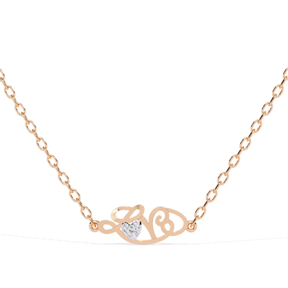 Front view of a rose gold script-style love pendant showcasing a heart-shaped diamond at the center.
