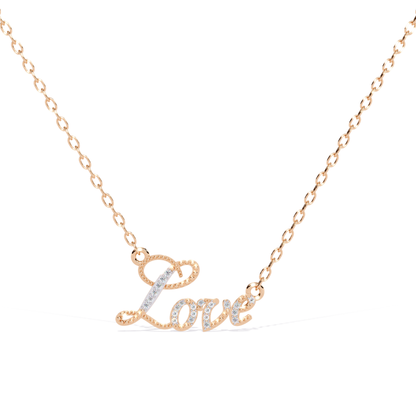 Rose gold love pendant necklace with elegant script lettering and stones