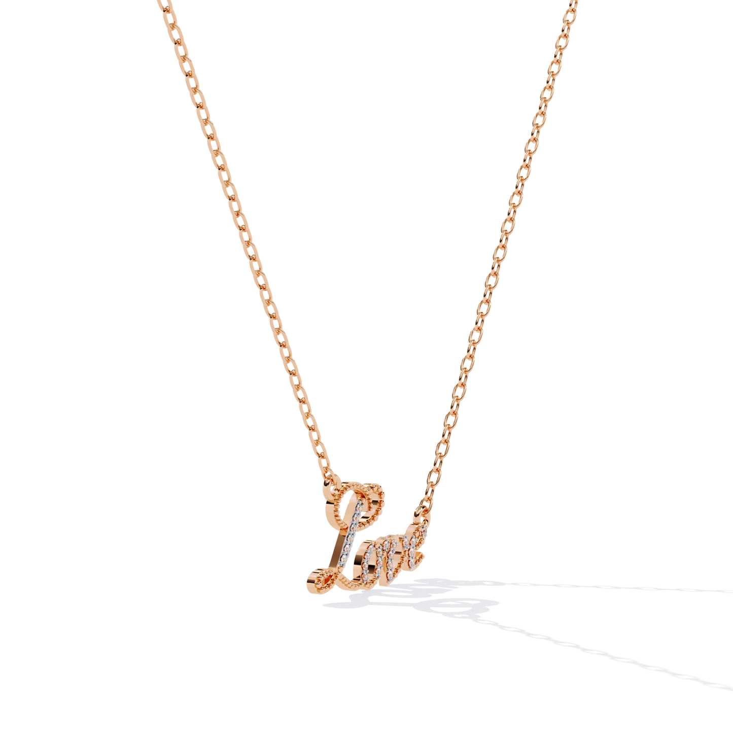 Rose gold love word necklace shown from the side to display depth and stone setting