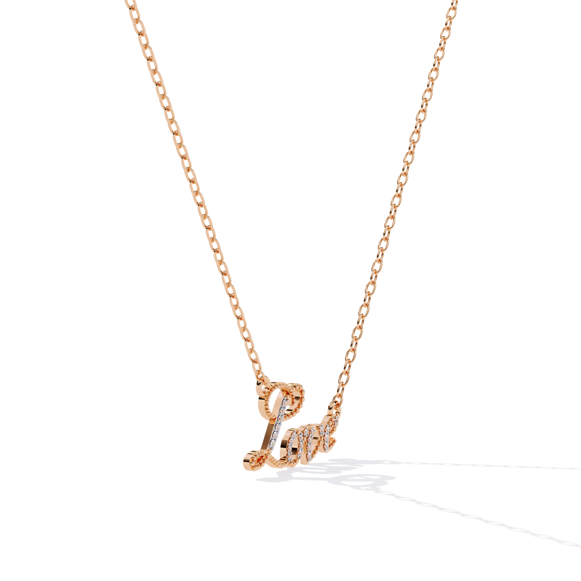 Rose gold love word necklace shown from the side to display depth and stone setting