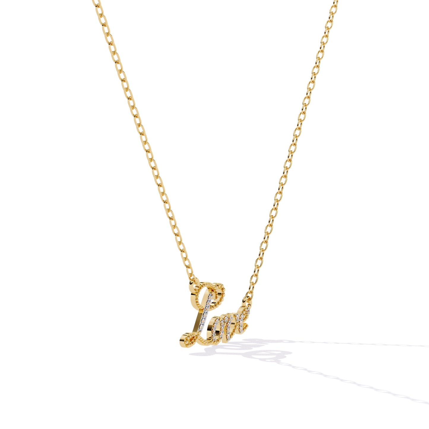 Side view of yellow gold love name necklace showing raised script lettering and stone details