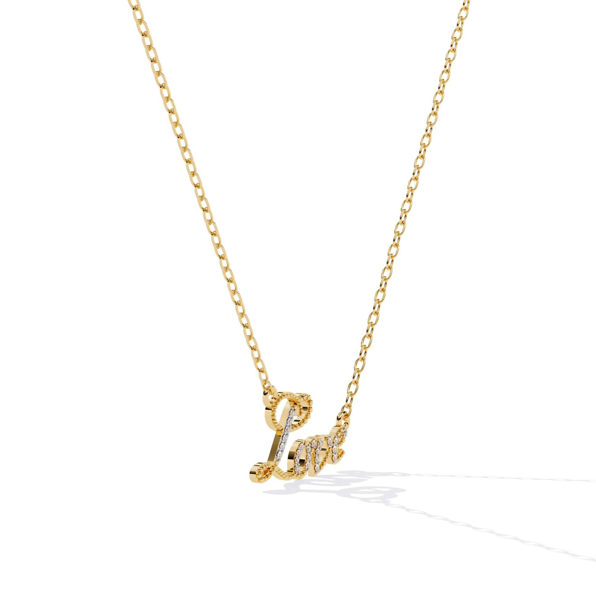 Side view of yellow gold love name necklace showing raised script lettering and stone details