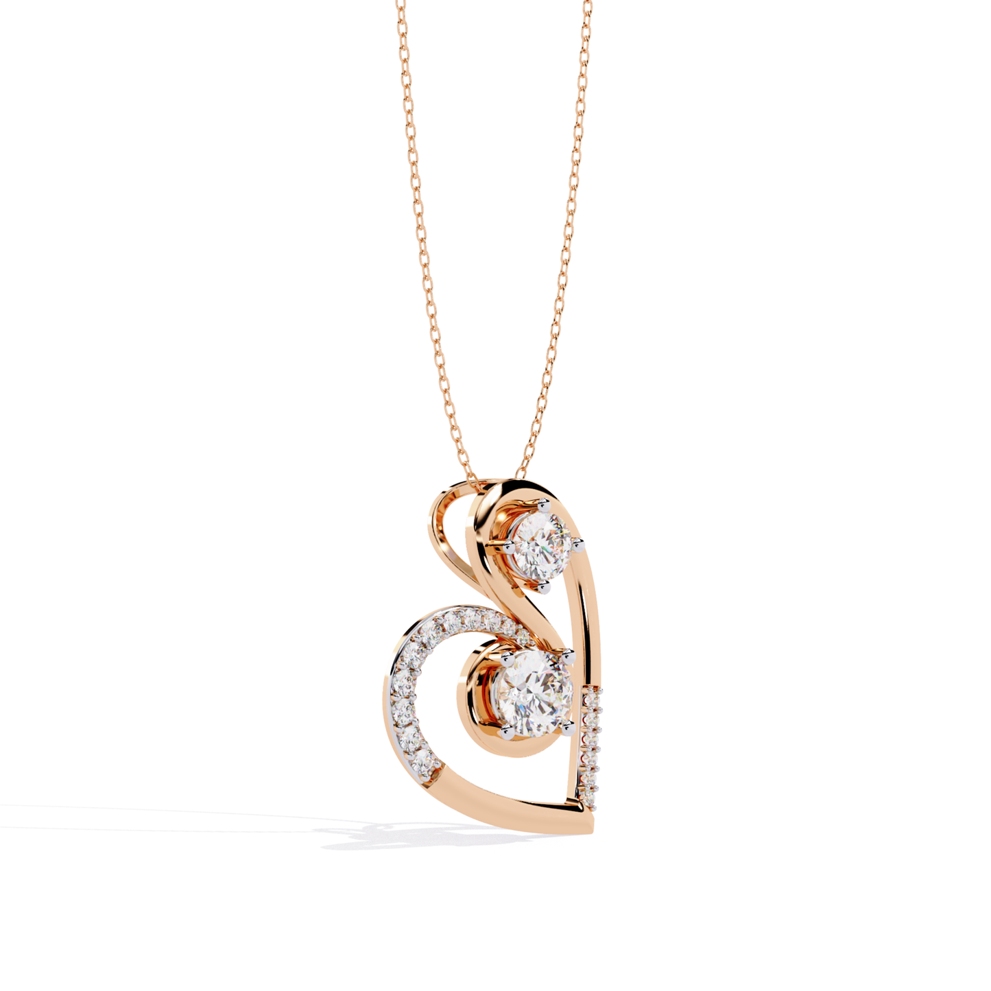 Angled view of rose gold heart pendant featuring flowing metal lines and sparkling round diamonds