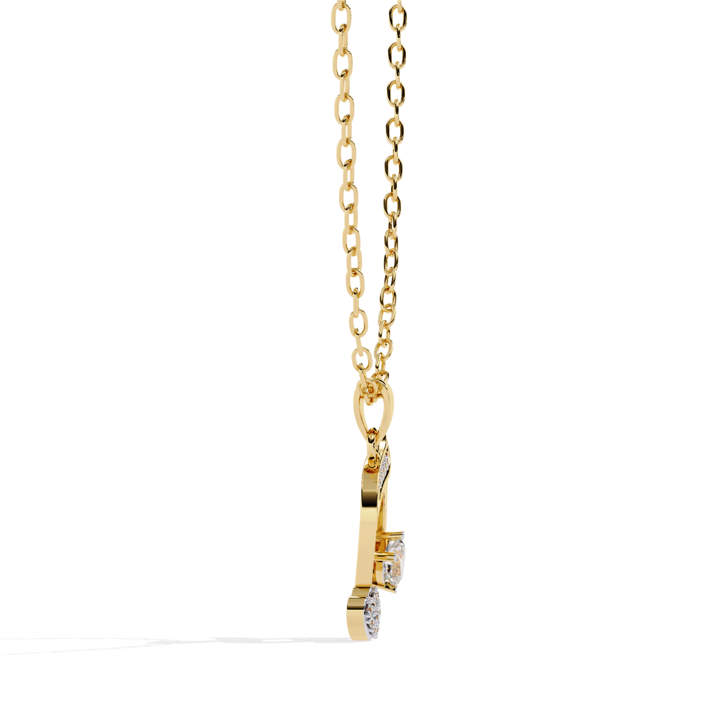Yellow gold music note pendant with heart detail and stone accents shown from the front