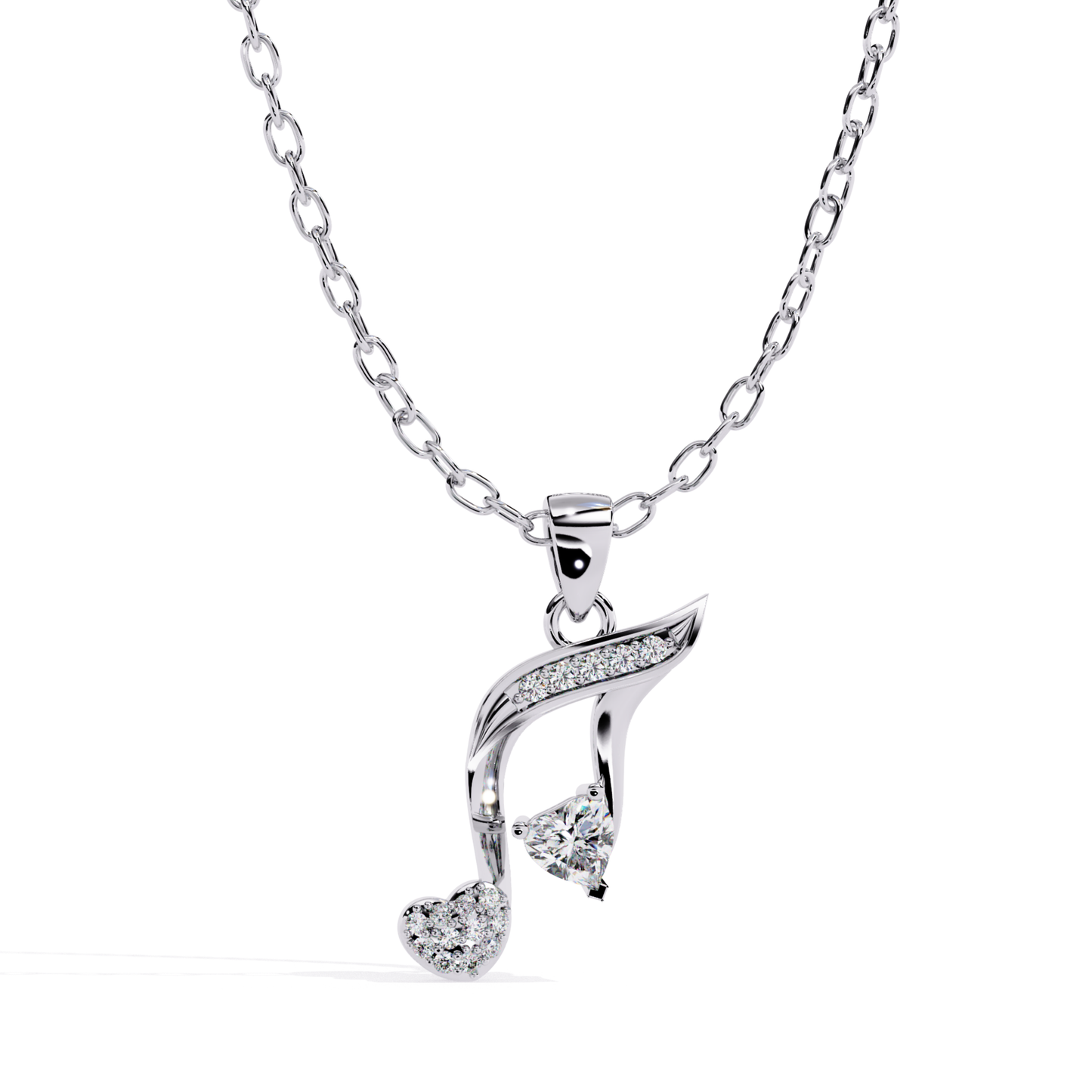 White gold musical note pendant featuring a heart element and detailed stone setting