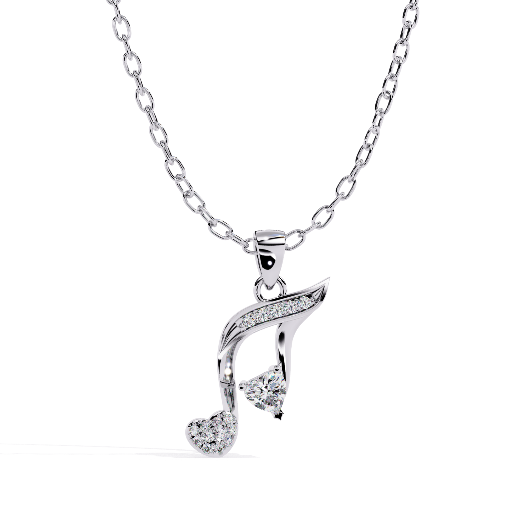 White gold musical note pendant featuring a heart element and detailed stone setting