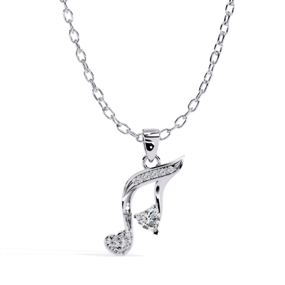 White gold musical note pendant featuring a heart element and detailed stone setting