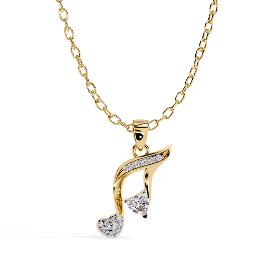 Yellow gold music note pendant with heart detail and stone accents shown from the front