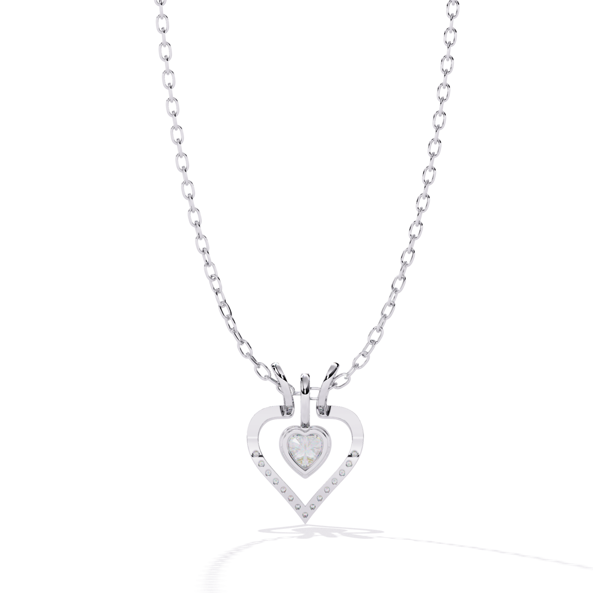 open heart diamond pendant in white gold showcasing heart cut center stone with round accent diamonds placed in a neat line setting