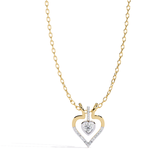 front view heart shape diamond pendant in yellow gold featuring heart cut center diamond held in prong setting with round diamonds arranged along smooth open heart outline