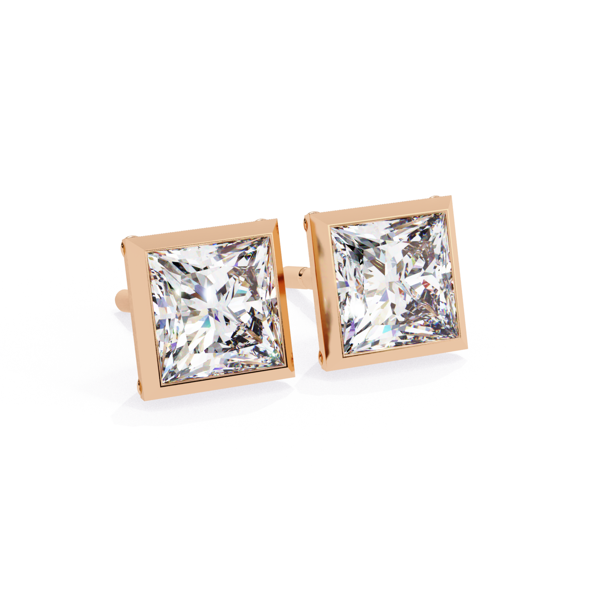 Elegant princess cut diamond stud earrings with a bezel setting in rose gold