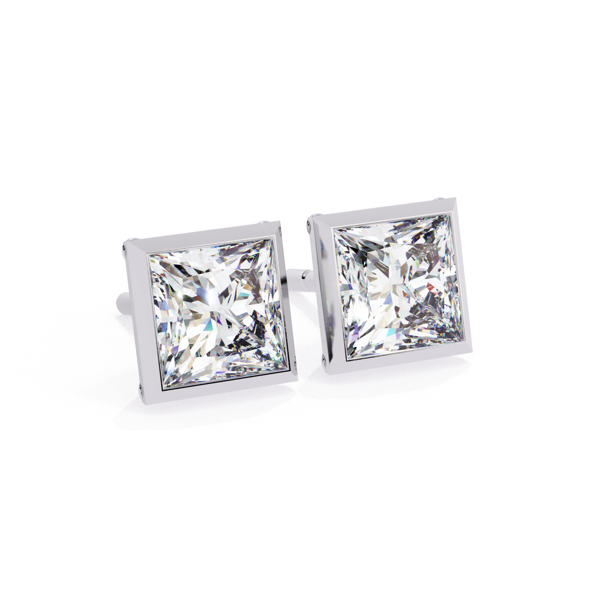 Modern princess cut diamond stud earrings with a bezel setting in white gold