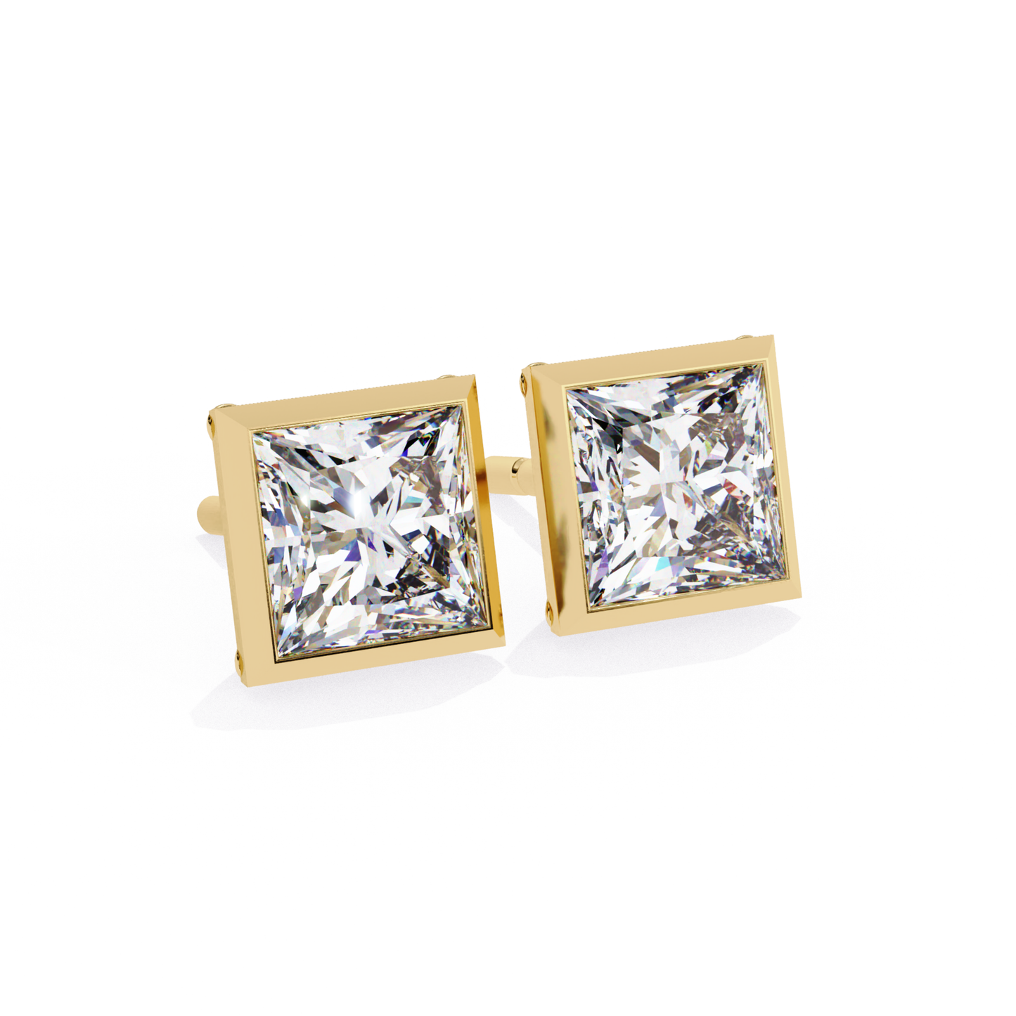 Classic princess cut diamond stud earrings with a bezel setting in yellow gold