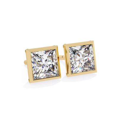 Classic princess cut diamond stud earrings with a bezel setting in yellow gold