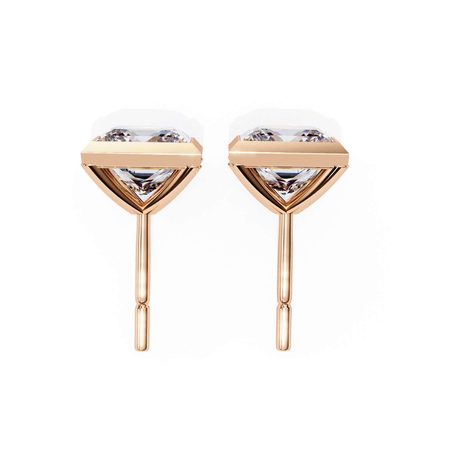 Side view of princess cut diamond earrings, showing the V-shaped rose gold setting and post