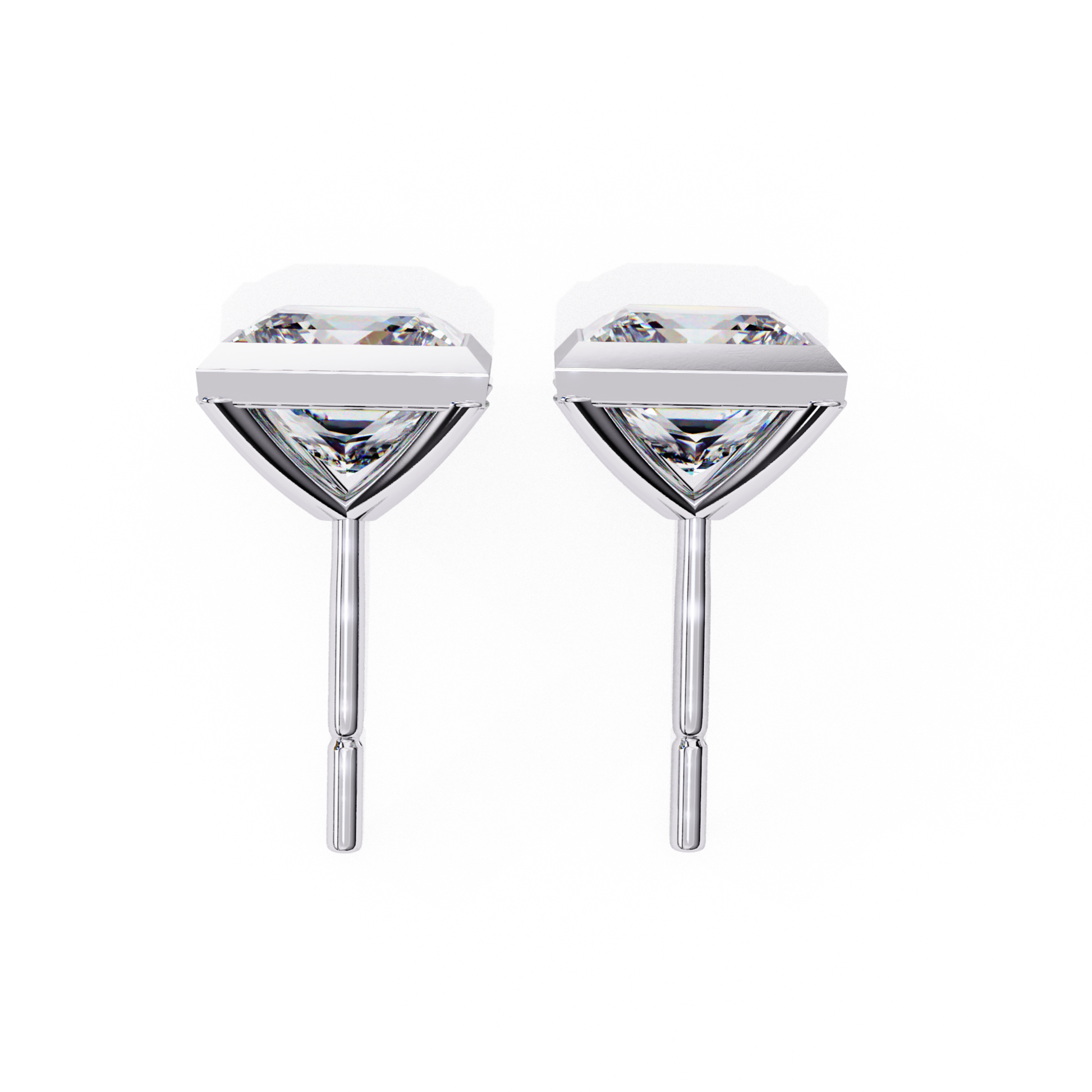 Side view of princess cut diamond earrings, showing the V-shaped white gold setting and post