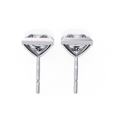Side view of princess cut diamond earrings, showing the V-shaped white gold setting and post