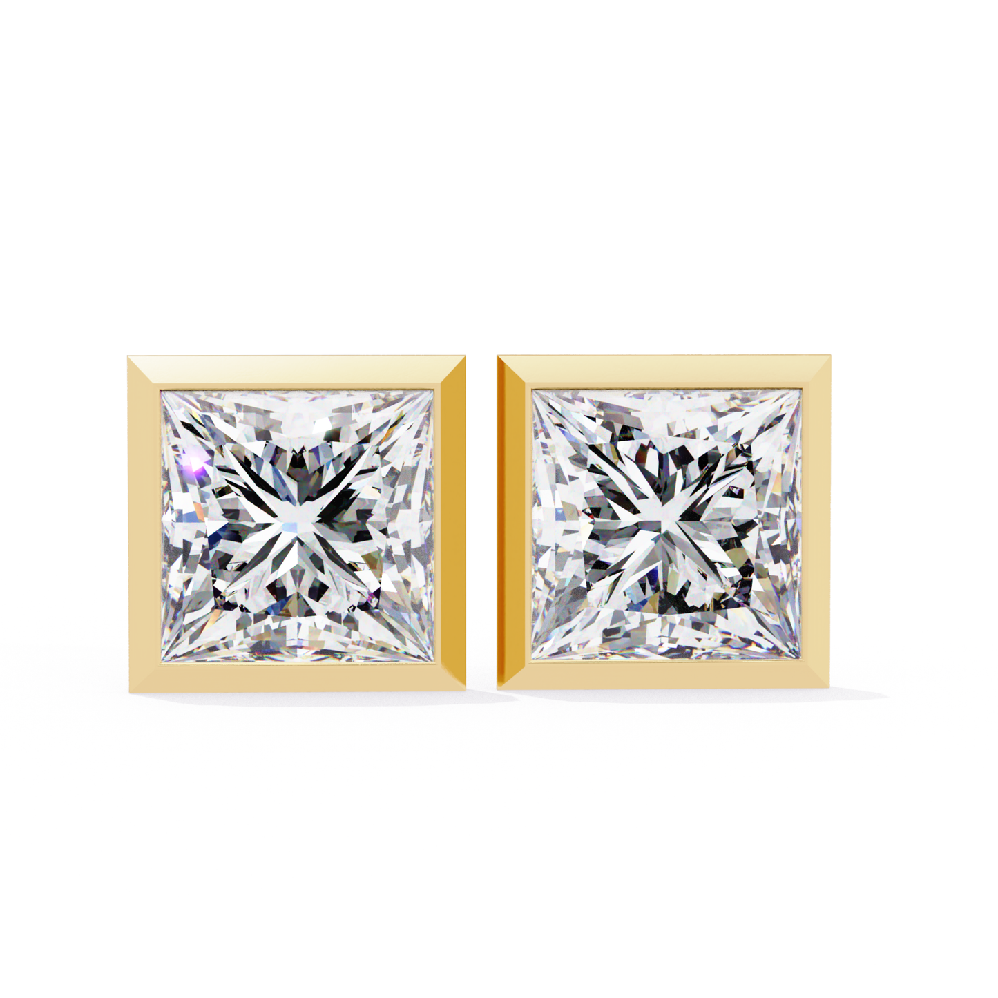 Princess Cut Diamond Stud Earrings in Bezel Set Yellow Gold