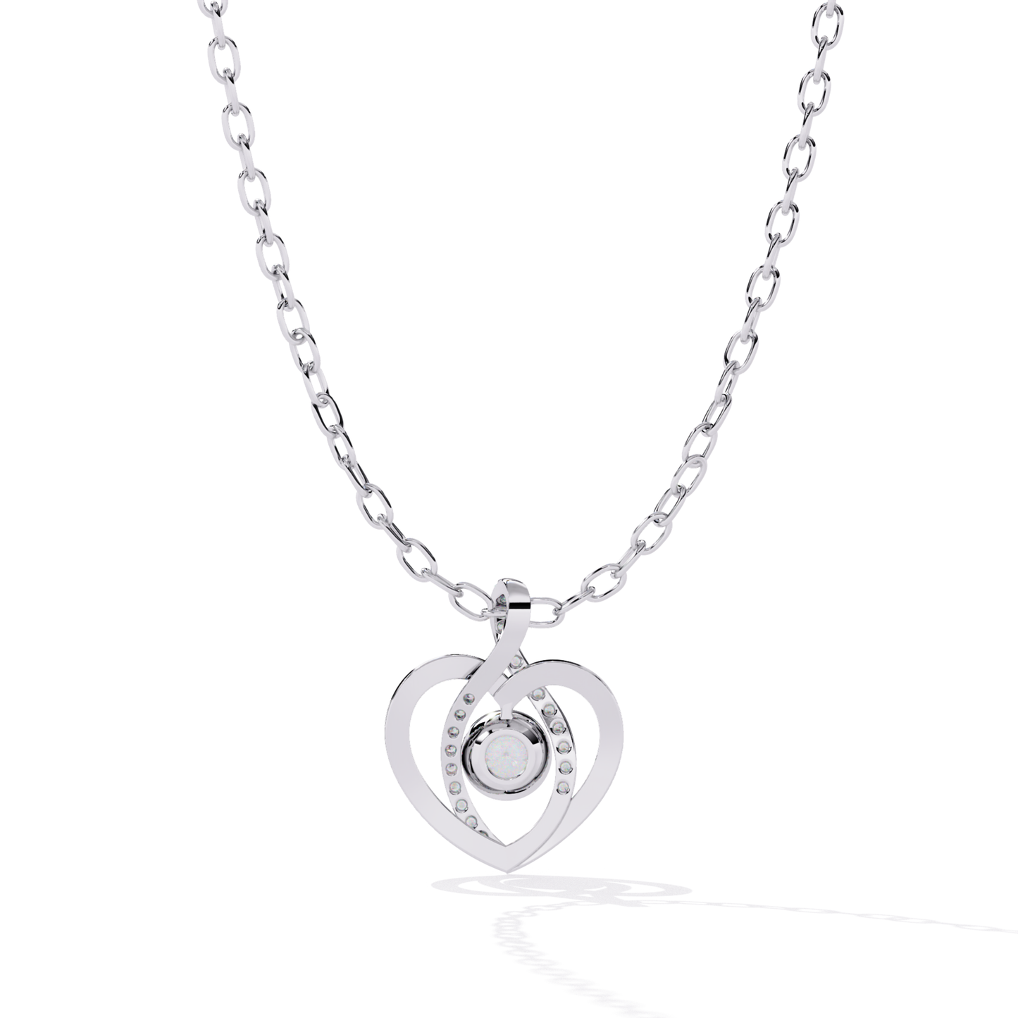 white gold heart shaped pendant displaying back side with open gallery and round gemstone housing