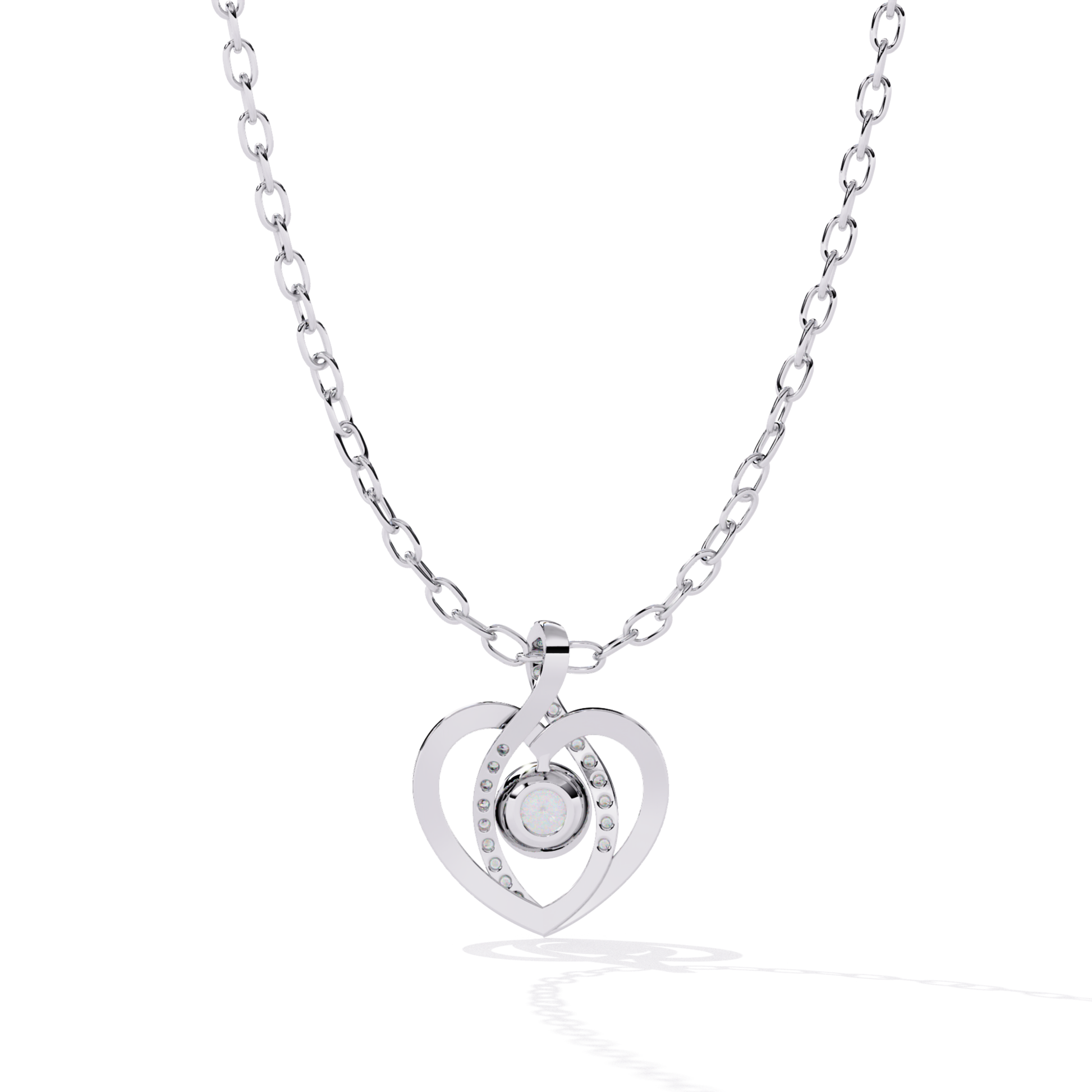 white gold heart shaped pendant displaying back side with open gallery and round gemstone housing