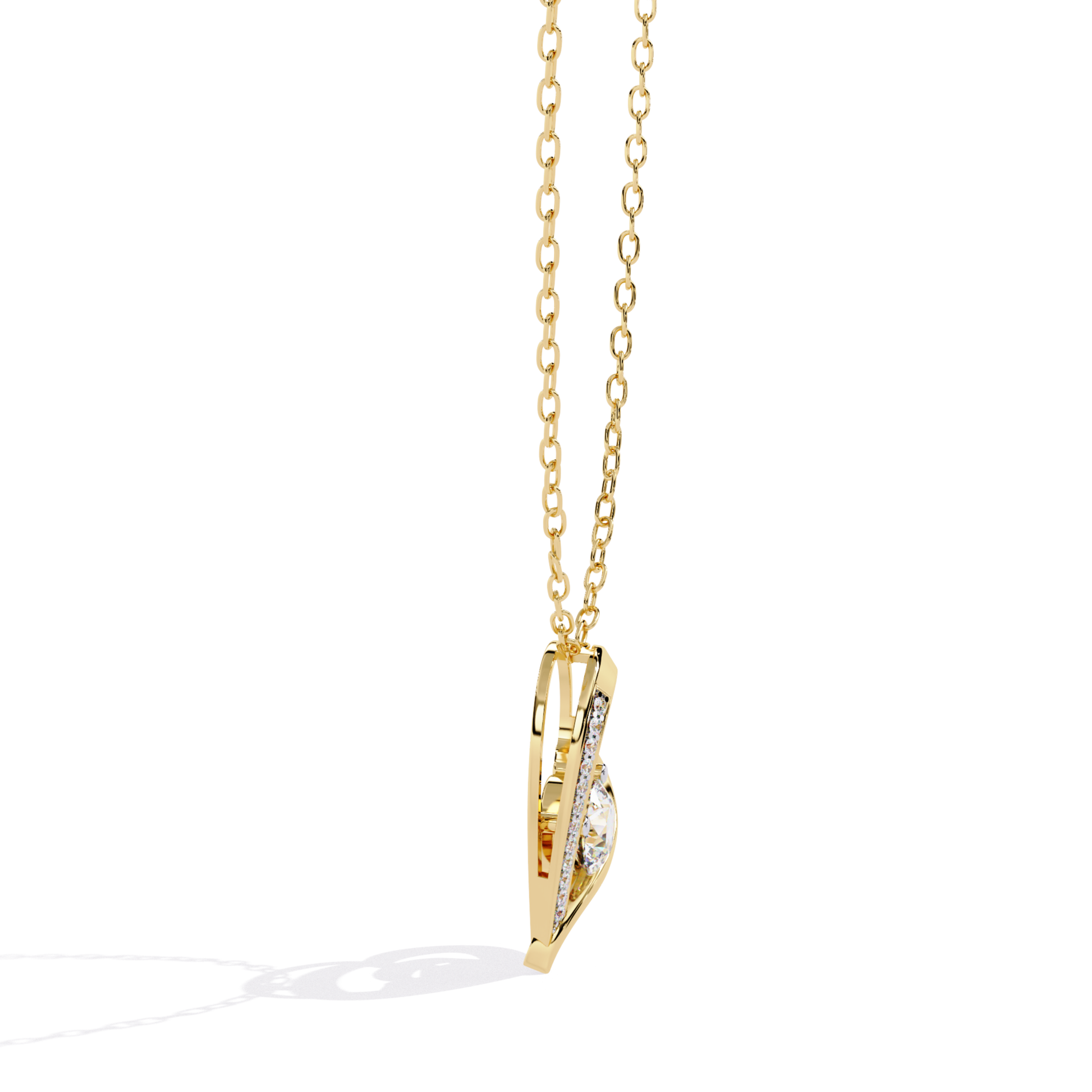 side view diamond heart pendant necklace in yellow gold with round center diamond