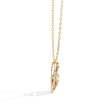 side view diamond heart pendant necklace in yellow gold with round center diamond