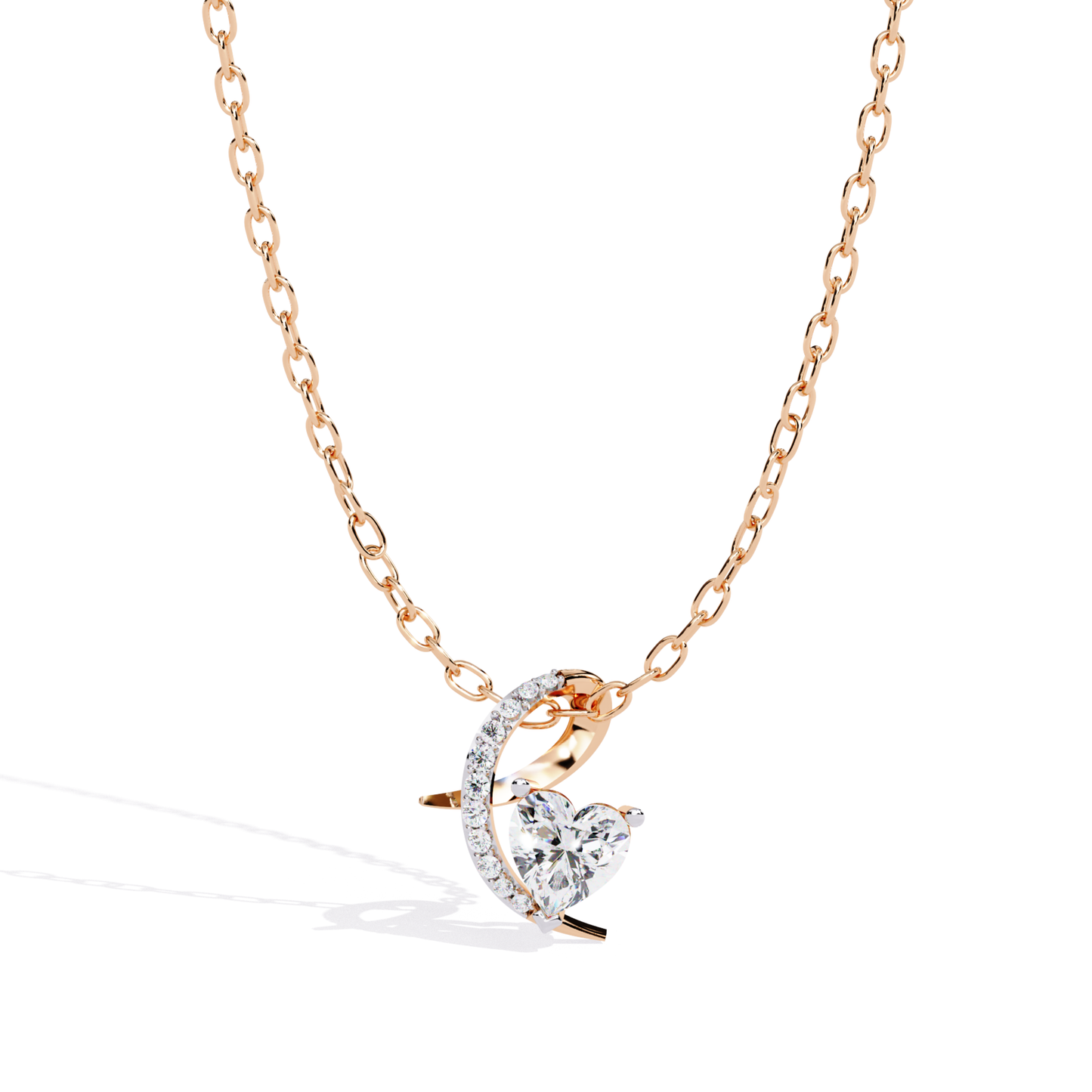Romantic rose gold heart diamond pendant with sparkling side curve