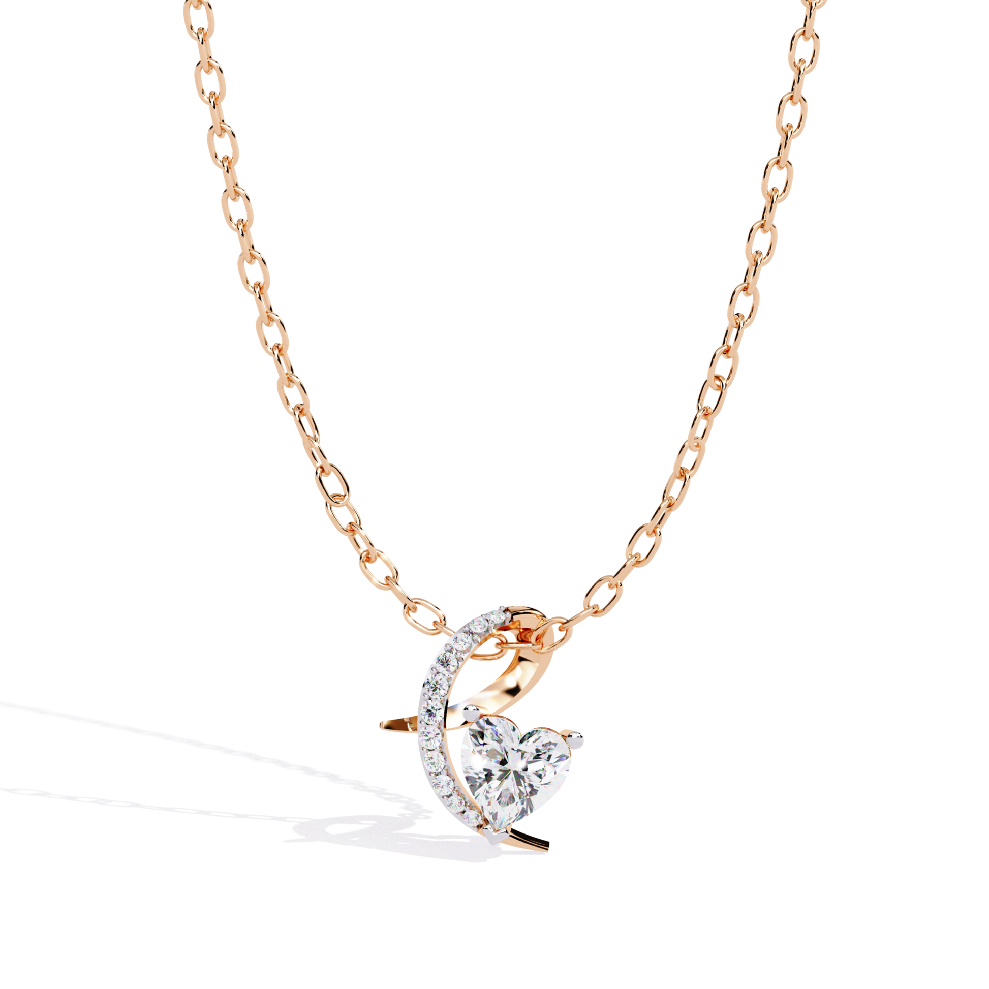 Romantic rose gold heart diamond pendant with sparkling side curve
