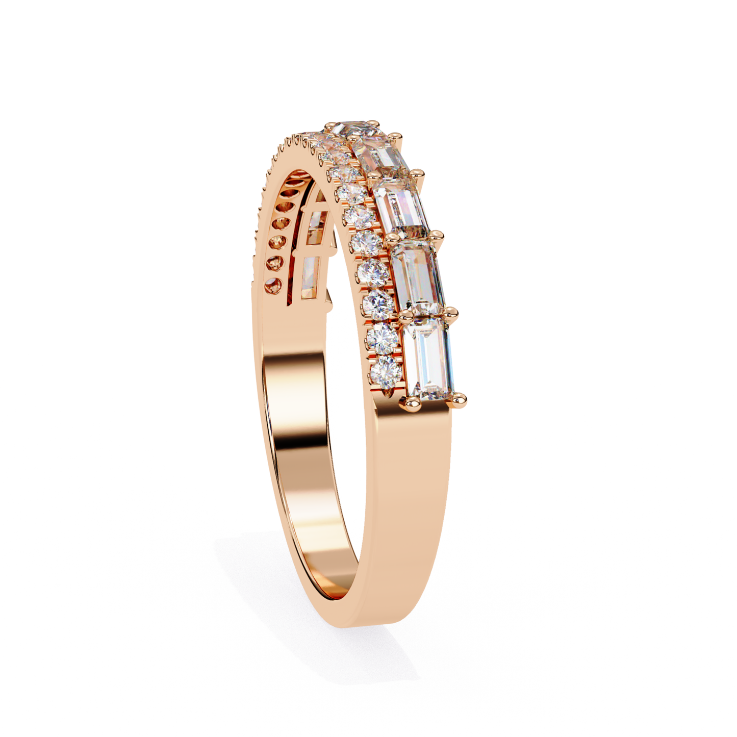 Angled view rose gold diamond ring with baguette and round stones