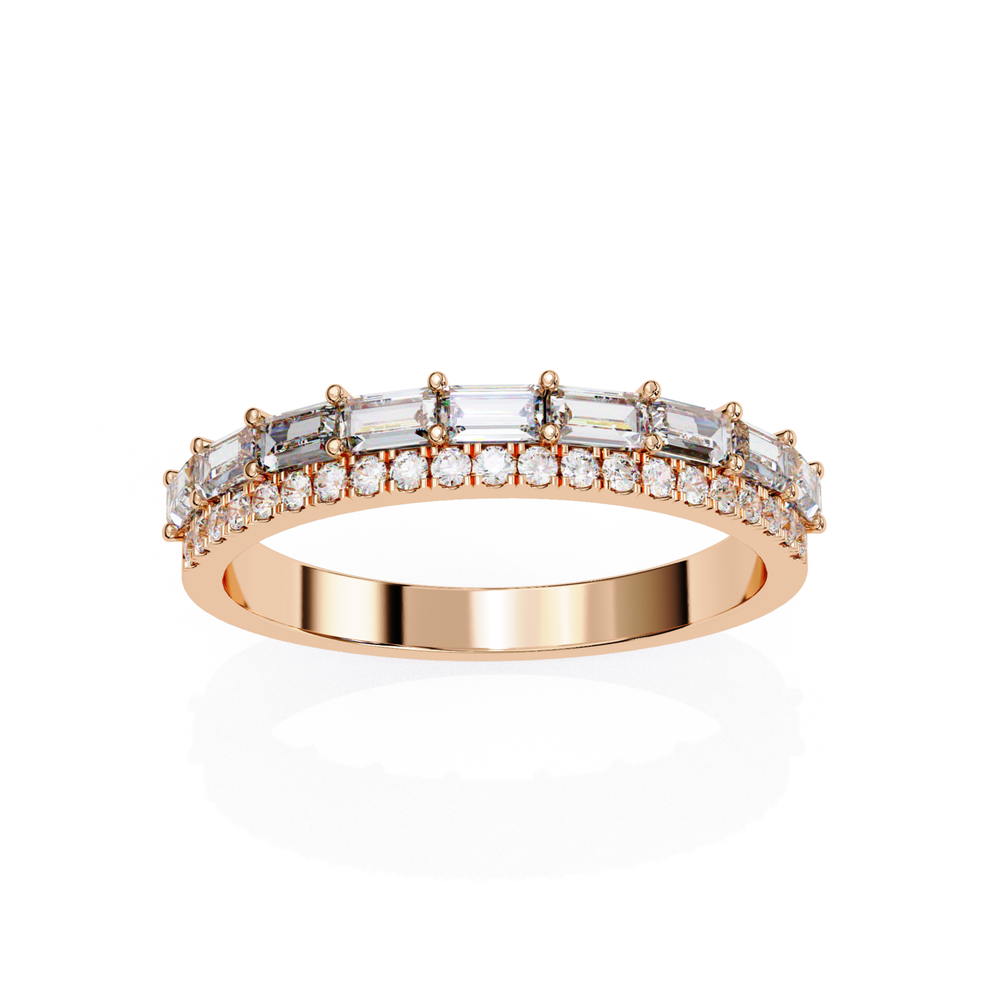 Front view rose gold diamond band with baguette and round stones