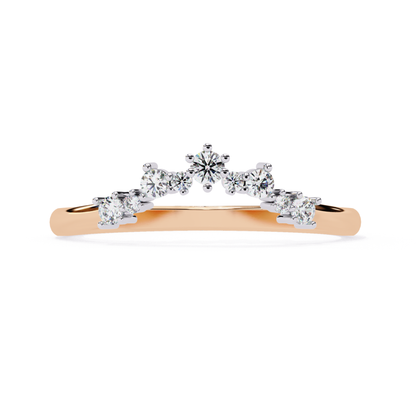 Rose gold diamond wedding band prong setting 
Rose gold curved diamond stacking band front view