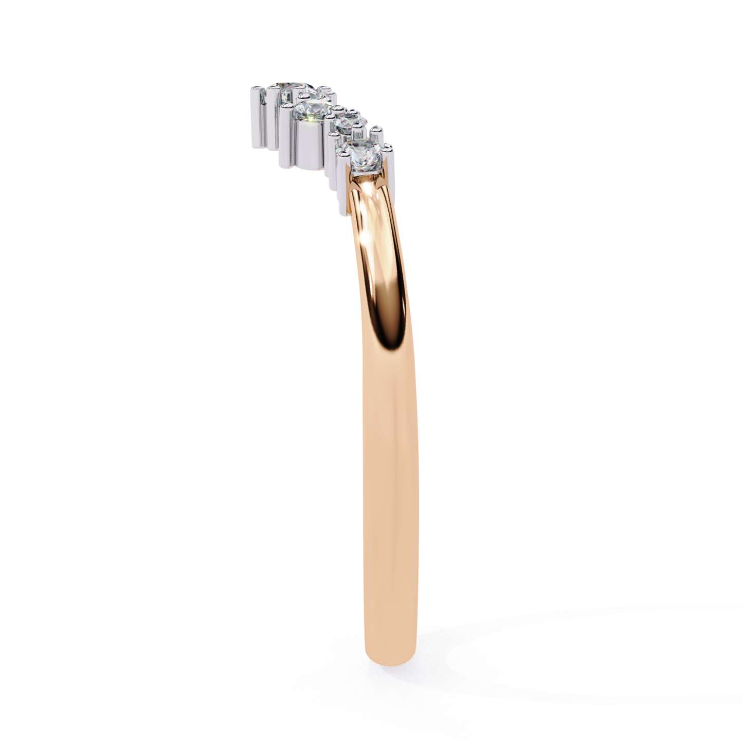 Rose gold curved diamond wedding band side view
Rose gold diamond wedding band profile
gold curved diamond band side view
diamond wedding band prong setting side