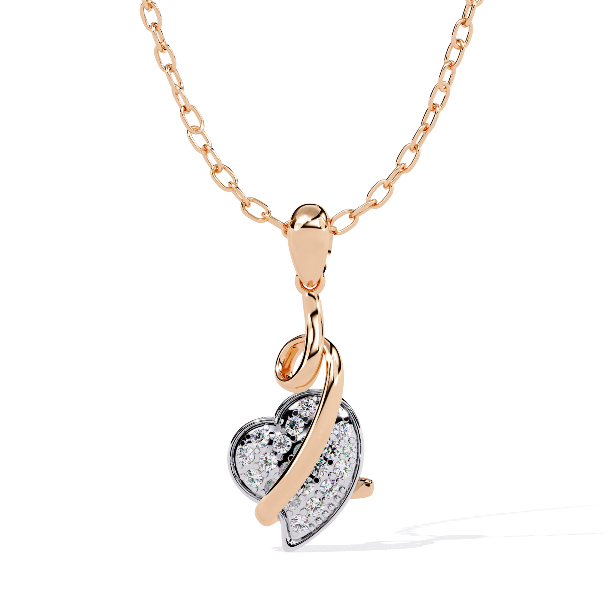 rose gold curved heart diamond pendant with round diamonds and layered heart shape design