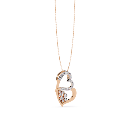 Rose gold double heart pendant crafted with round cut diamonds arranged in inner cluster and pave set outline paired with delicate chain