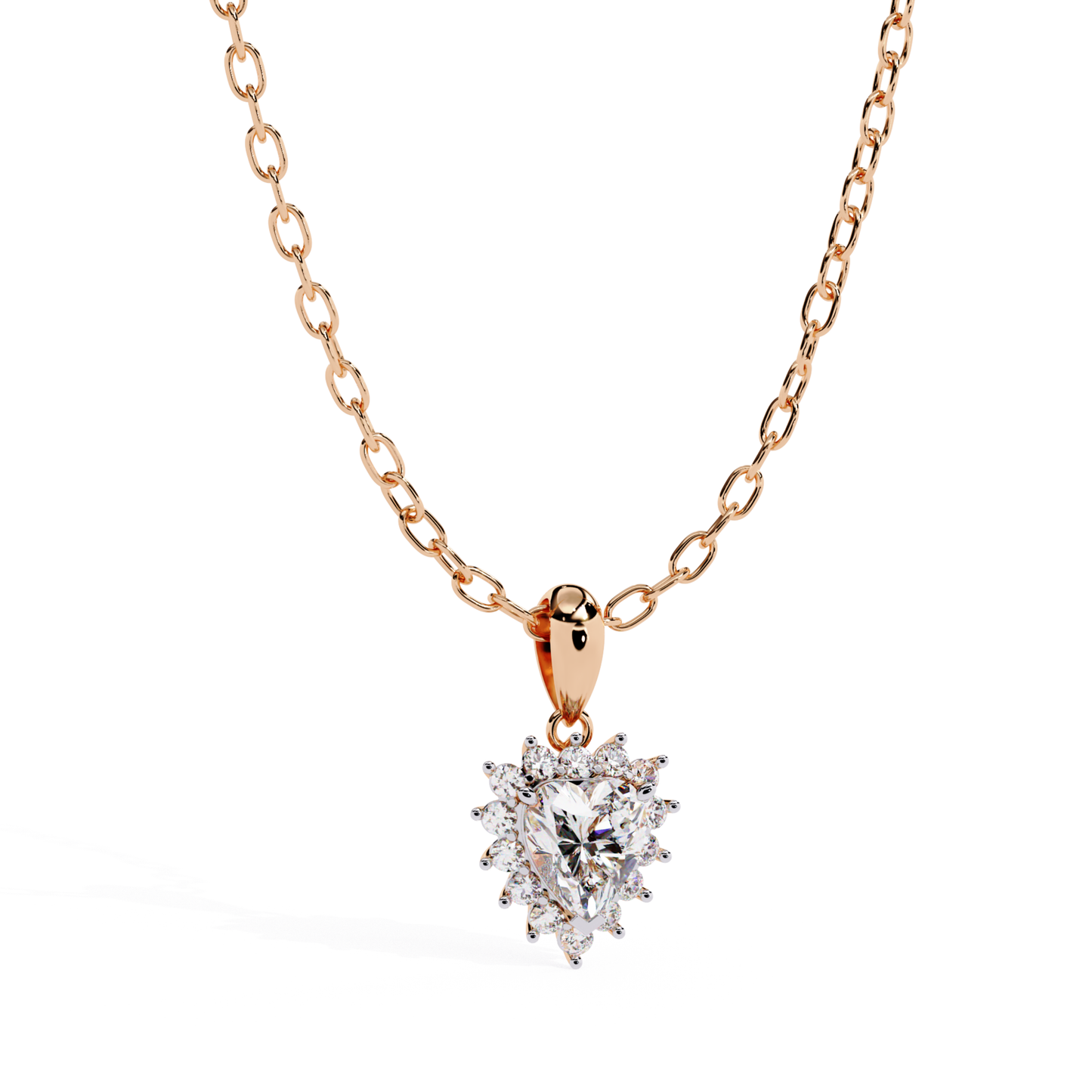 rose gold diamond heart pendant with brilliant center stone

