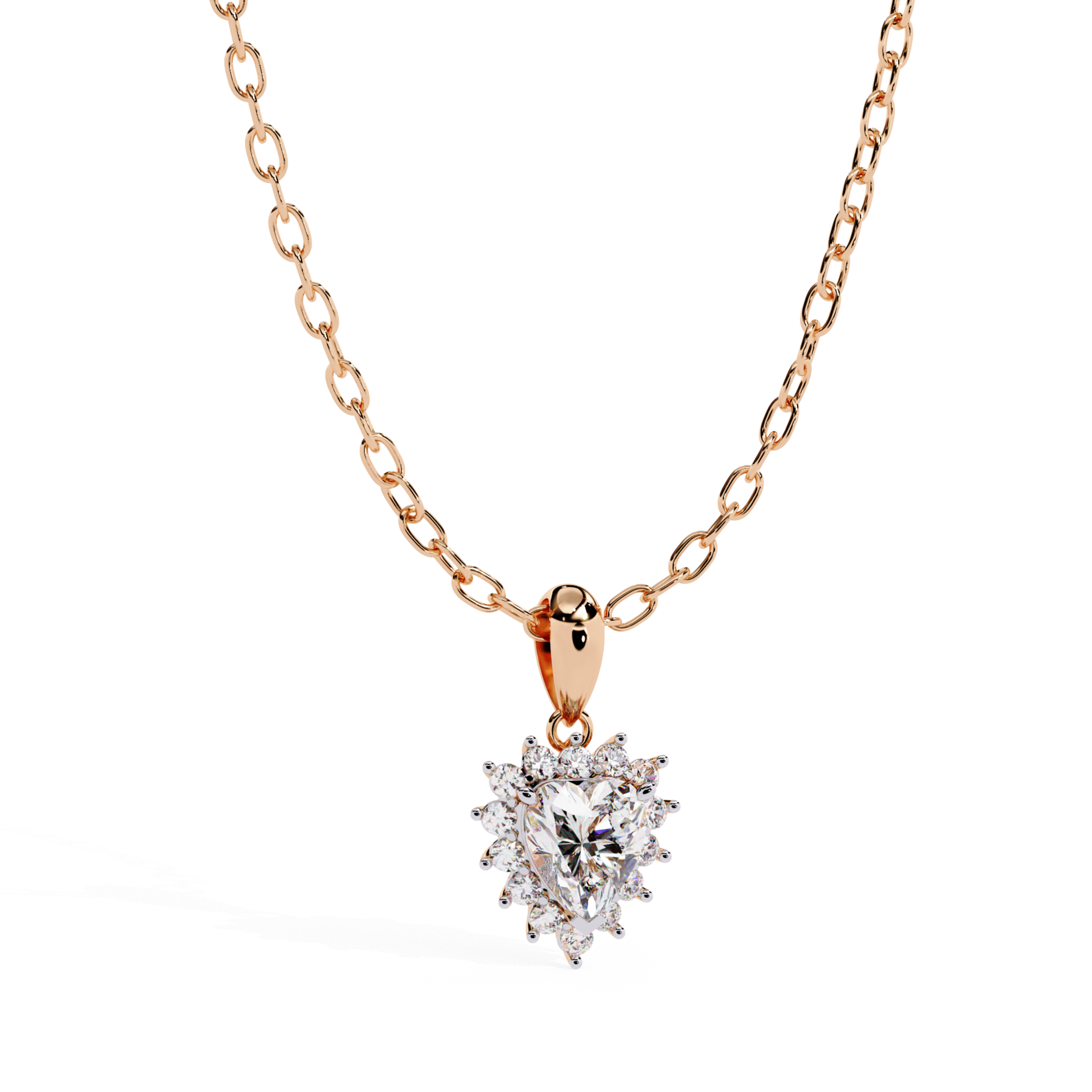 rose gold diamond heart pendant with brilliant center stone
