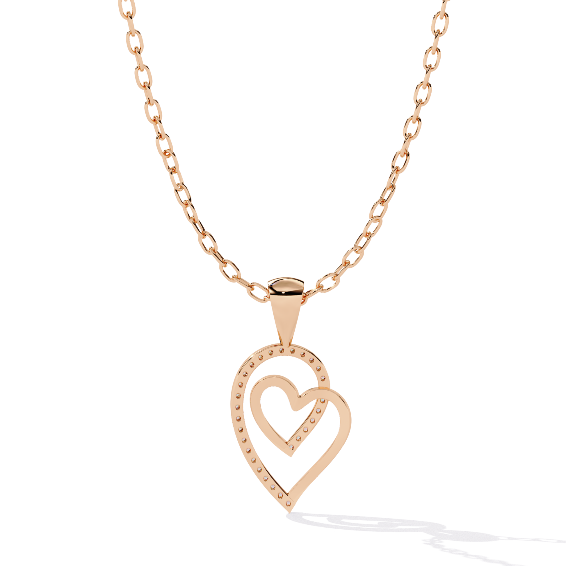rose gold open double-heart pendant with round-cut diamonds arranged along the outer curve.