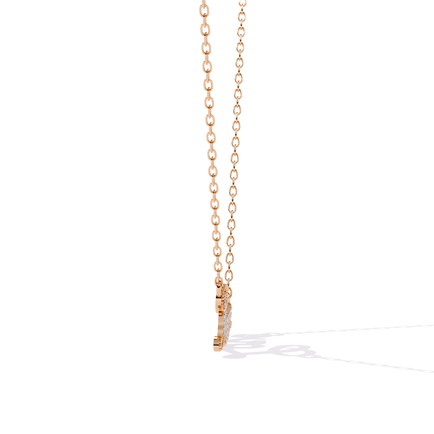 Rose gold necklace with a small diamond pendant on a white background