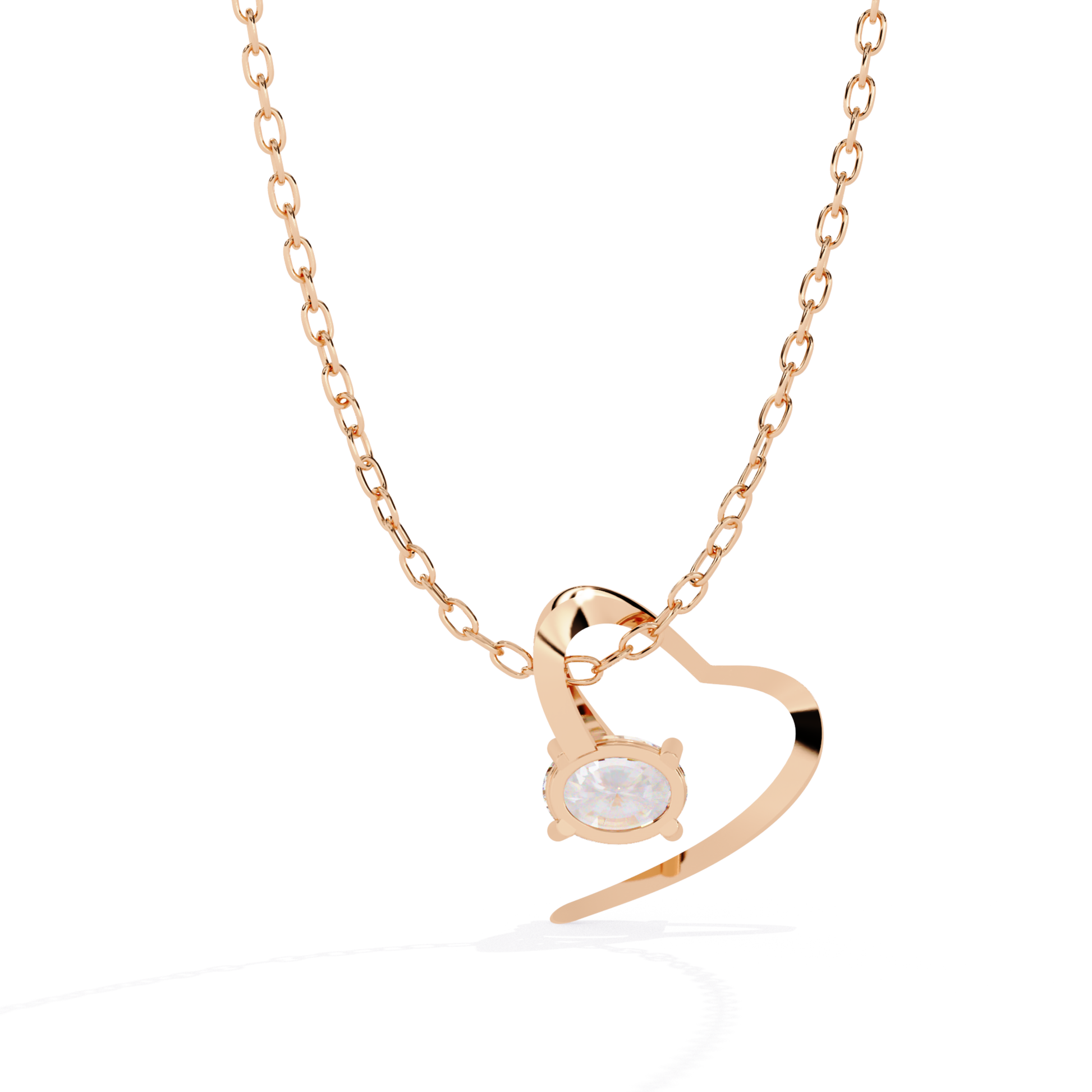 Rose gold necklace with a heart-shaped pendant on a white background