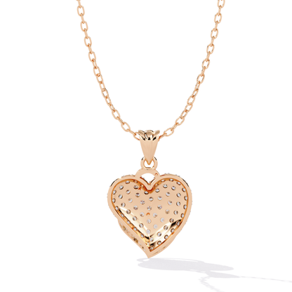 Rose gold double heart round pavé diamond pendant rear view featuring a solid heart back plate with round diamond seat holes and a clean open heart frame
