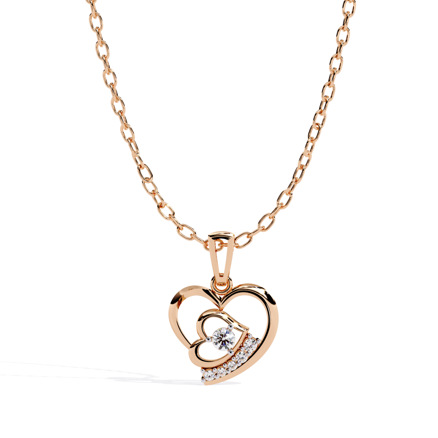rose gold double open heart diamond pendant front view with curved heart outline and diamond details
